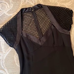 NWT🌷BADGLEY MISCHKA🌷Black net illusion trim silk sweetheart neck SS flare LBD